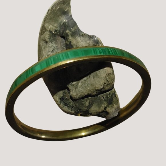 Vintage Brass Malachite Inlay Green Enamel Bangle Bracelet - Picture 1 of 13